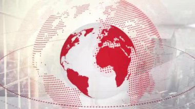 Animation of globe and communication network rotating over cityscape. Global communication, business, data and digital interface concept digitally generated video.
