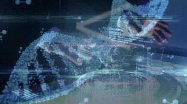 Animation of dna strand and over man using interface, network and processing data. Global communication, research, medical services, data and digital interface concept digitally generated video.