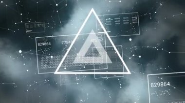Animation of pulsating triangle and data processing over clouds. Network, data processing and technology concept digitally generated video.