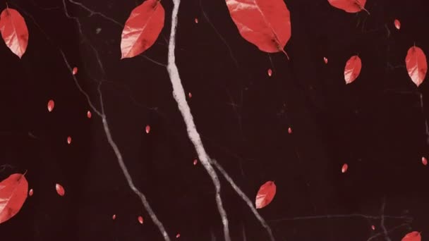 Animation Red Autumn Leaves Falling Lightning Flashes Black Sky Nature — Stockvideo