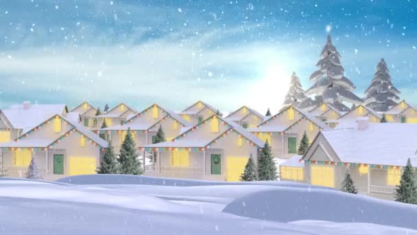 Animation Snow Falling Vector Houses Town Blue Cloudy Sky Illustration — Stock video