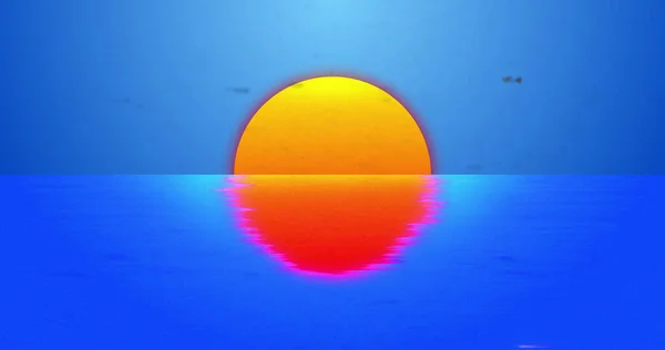 Image of interference and sun over water on blue background. Abstract background, colour and movement concept digitally generated image.