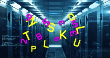 Animation of letters and data processing over computer servers. Global social media, computing, data processing and digital interface concept digitally generated video.
