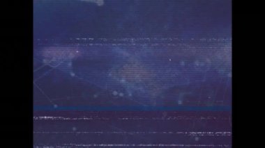 Animation of screen with glitch and connections on navy background. global connections, technology and digital interface concept digitally generated video.