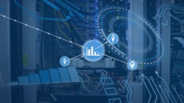 Animation of network of data icons and data processing over computer servers. Global communication, business, networking, data and digital interface concept digitally generated video.