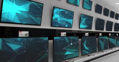 Animation of connections over wall with tv screens. Media, television, communication and information concept digitally generated video.