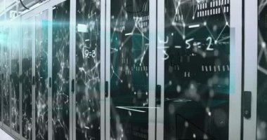 Animation of networks of connections and maths calculations over computer server room. Global communication, research, data and network concept digitally generated video.