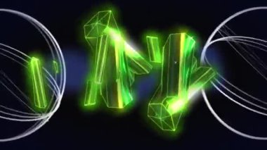 Animation of cluster of green metallic shapes over white data loading rings on black background. Global communication network, digital interface and data concept digitally generated video.