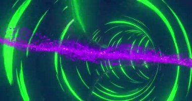 Animation of purple dots forming wave patterns moving in neon green looping tunnel. Digitally generated, illustration, hologram, abstract, art, design and technology concept.