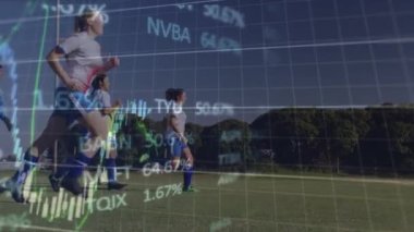 Animation of data processing over diverse female football players on pitch. Sports, competition, computing and data processing concept digitally generated video.