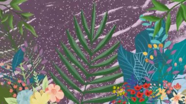 Animation of tropical leaves and flowers swaying over moving organic texture on pale pink. Nature, energy and change background concept digitally generated video.