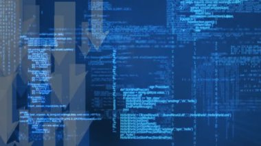 Animation of data processing and arrows over blue background. global data processing, computing and digital interface concept digitally generated video.