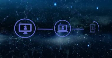 Animation of network of connections with icons over sky with stars. Global technology, connections and digital interface concept digitally generated video.