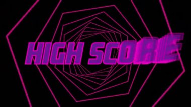 Animation of high score pink text over tunnel of glowing hexagons. Social media, colour, movement and communication concept digitally generated video.
