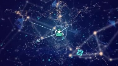 Animation of graphical profile icons interconnecting with lines against abstract background. Hologram, digitally generated, multiple exposure, telecommunications, internet, futuristic and technology.
