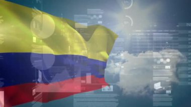 Animation of data processing over flag of colombia. Global business, national flags and digital interface concept digitally generated video.