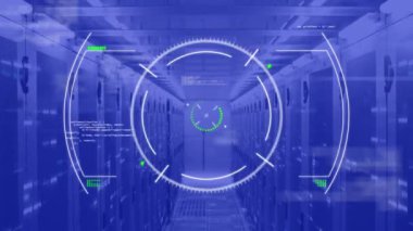 Animation of data processing and scope scanning over computer servers. Global computing and data processing concept digitally generated video.