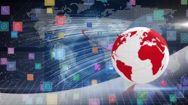 Animation of data processing, icons and globe over world map. Global data processing and digital interface concept digitally generated video.