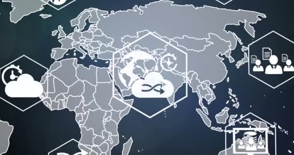 Animation Multiple Digital Icons Spinning World Map Blue Background Global — Stockvideo