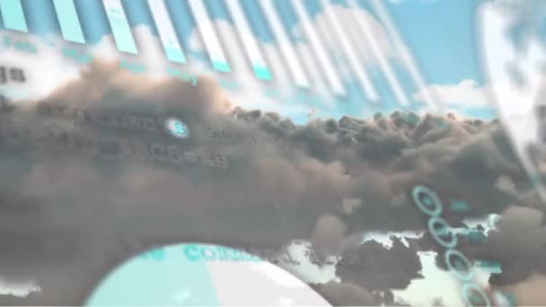 Digital Animation Multiple Graphs Globe Programming Data Moving Cloudscape Hologram — Stockvideo