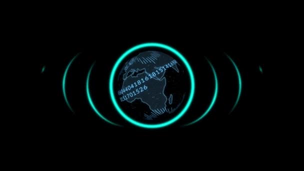 Animation Neon Circle Globe Numbers Black Background Global Computers Network — Vídeos de Stock