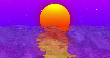 Image of sun over water on purple background. Abstract background, colour and movement concept digitally generated image.