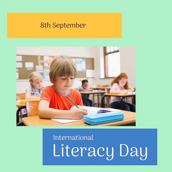 Caucasian Boy Studying Classmates 8Th September International Literacy Day Text — Stockfoto