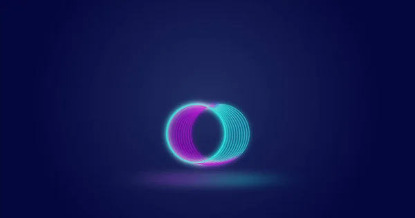 Image of neon circles moving over navy background. Shape, colour and movement concept digitally generated image.