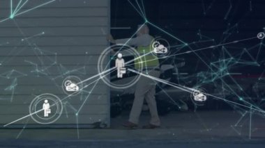 Havaalanının park kapısını açan erkek işçilere yönelik profil simgelerinin animasyonu. Küresel ağ ve iş teknolojisi kavramı