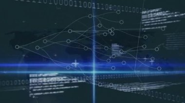 Animation of data processing, lights, connections and binary code in navy digital space. Global network, data processing and technology concept digitally generated video.