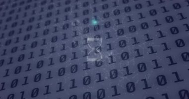 Animation of neon circle with hourglass over binary code on digital screen. Digital screen, interface and technology concept digitally generated video.