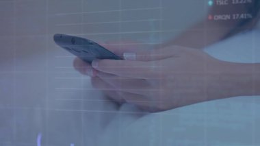 Animation of financial data processing and statistics over caucasian woman using smartphone. Global business, data processing and technology concept digitally generated video.