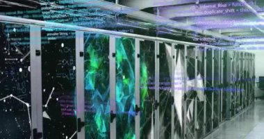 Animation of data processing and connections over computer servers. Global computing, digital interface and data processing concept digitally generated video.