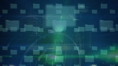 Animation of data processing and folders with online security padlock in background. global data processing, computing and digital interface concept digitally generated video.