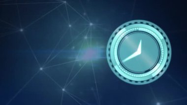 Animation of clock over network of connections. Global connections, networks, digital interface and data processing concept digitally generated video.