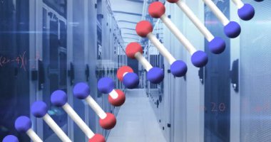 Animation of data processing and dna strand over server room. Global technology and digital interface concept digitally generated video.