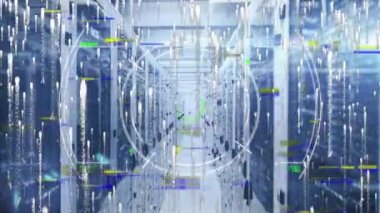 Futuristic interface and computer coding with server room in background. Digitally generated, data, networking, coding, connection, abstract, computer.