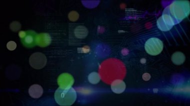Multicolor circles floating over programming language, binary code and dots connecting lines. Animation, multiple exposure, digitally generated, coding, database, futuristic and technology concept.
