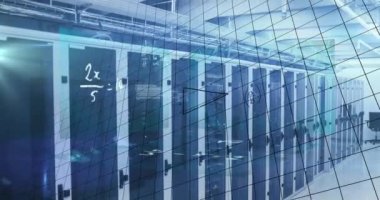 Animation of processing data and maths calculations over computer server room. Global communication, research, data and network concept digitally generated video.