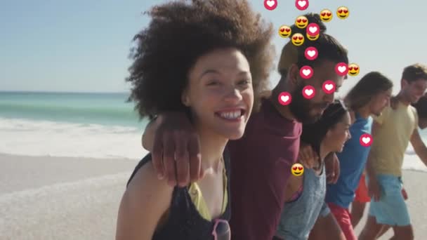Animation Hearts Love Emojis Diverse Group Happy Friends Walking Sunny — Vídeos de Stock
