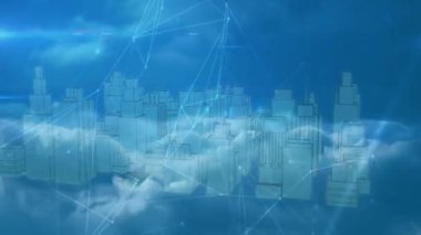 Animation of network of connections over digital city on blue background. global technology, connections and digital interface concept digitally generated video.