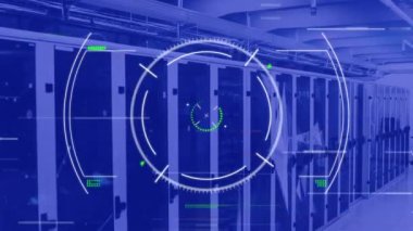 Animation of data processing and scope scanning over computer servers. Global computing and data processing concept digitally generated video.