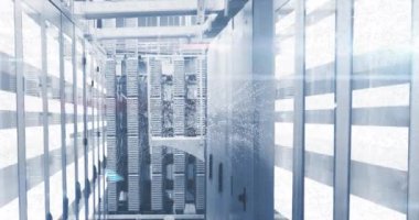 Animation of nft text over server room. Global business and digital interface concept digitally generated video.