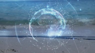 Animation of globe with connections over caucasian woman running on beach by sea. Global connections, exercise, wellbeing and data processing concept digitally generated video.
