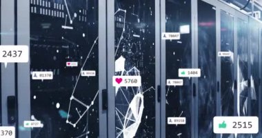 Animation of social media icons and numbers and network of connections over computer servers. Global social media, computing, data processing and digital interface concept digitally generated video.