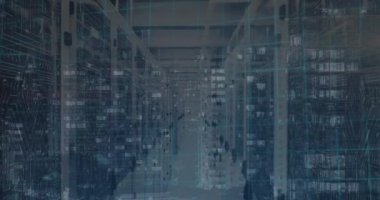 Animation of 6g text and data processing over cityscape and computer servers. Global computing, data processing and networks concept digitally generated video.