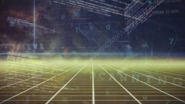 Animation of cyber security data processing and padlock icon over grid network on blue background. Cyber security and business technology concept