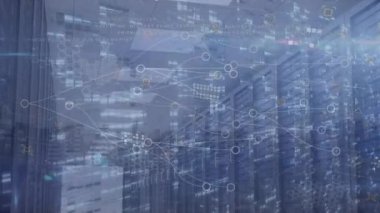 Animation of network of connections and data processing against computer server room. Global networking and business data storage technology concept