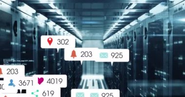 Animation of social media icons and numbers and data processing over computer servers. Global social media, computing, data processing and digital interface concept digitally generated video.