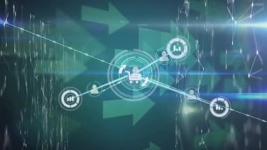 Animated video of network of connections with people icons on nodes over arrow symbols. Networking, global communications, direction, community, futuristic, abstract, expansion.